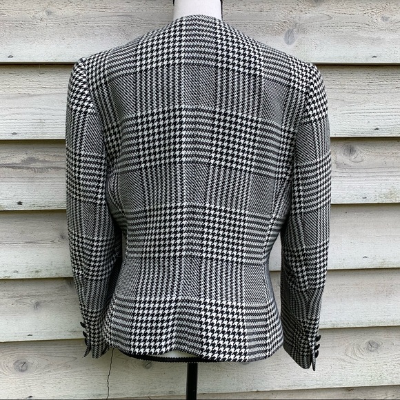 Vintage 80s Wool Blend Plaid Houndstooth Button Up Long Sleeve Collarless Blazer - Picture 15 of 16